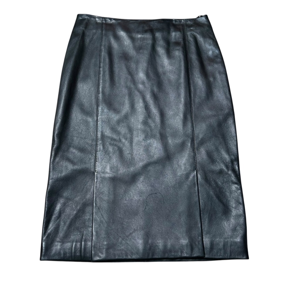 MODA INTERNATIONAL Black Leather Midi Pencil Skirt Size 6 Side Slit Y2K 90s